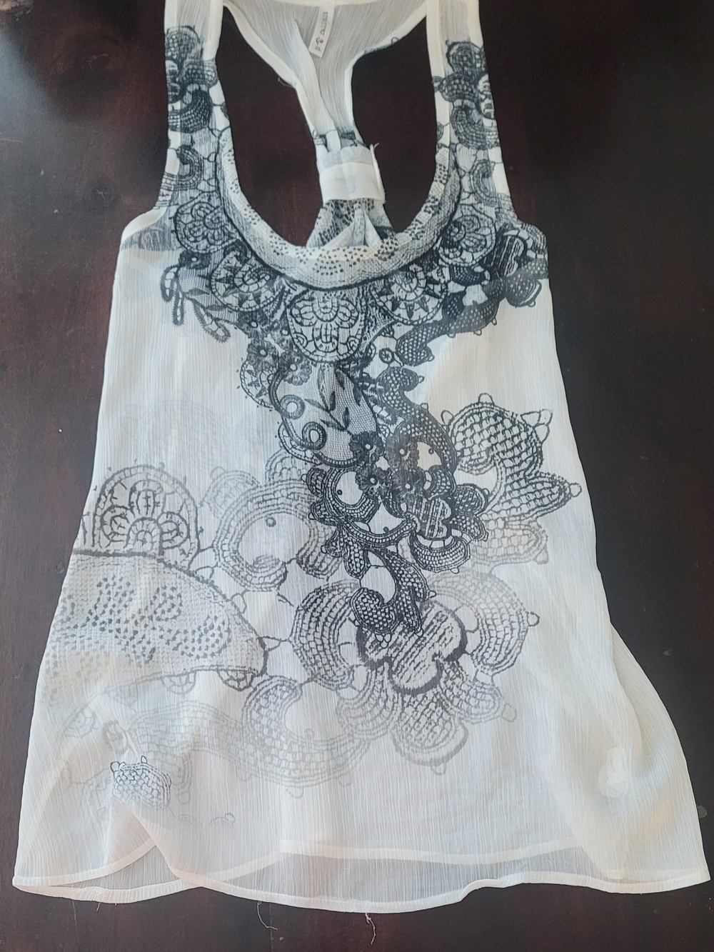 Full Tilt White Tank with Black Floral Sheer-Print Racerback